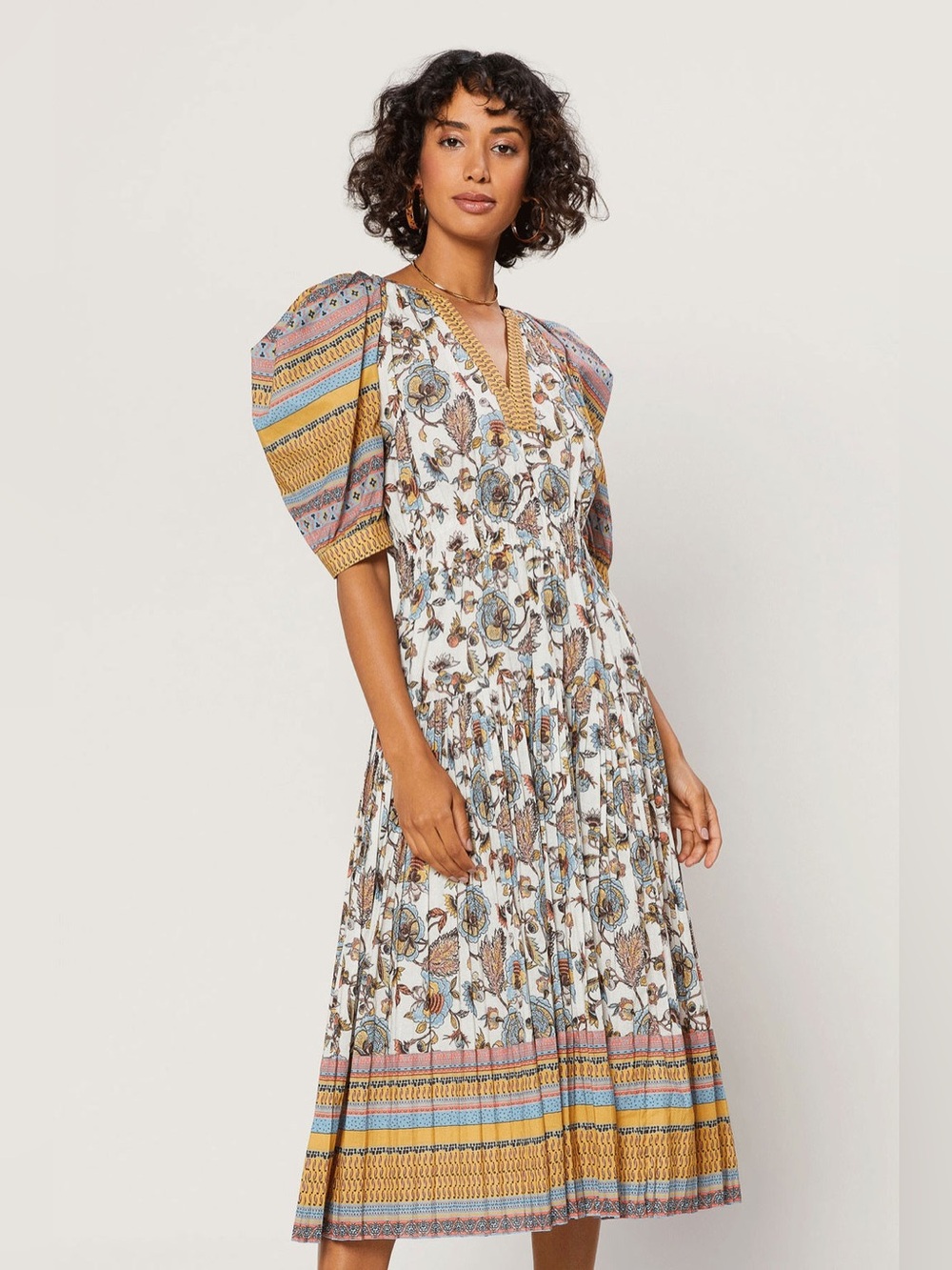 The Railyn Split Neck Midi Dress by Current Air, in fun Bohemian floral